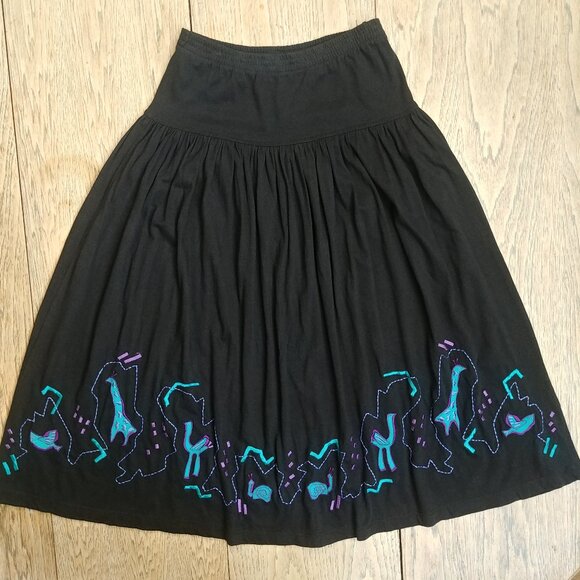 Vintage Studio 1201 100% cotton stretch black embroidered midi skirt size 8 - Picture 1 of 11
